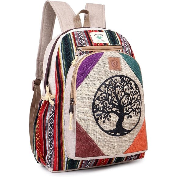 Natural Handmade Large Multi Pocket Hemp Nepal Backpack Tree Of Life Waterproof